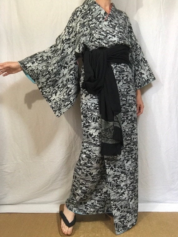 Heko Obi Black Silk Shibori Japanese Kimono Sash Scar… - Gem