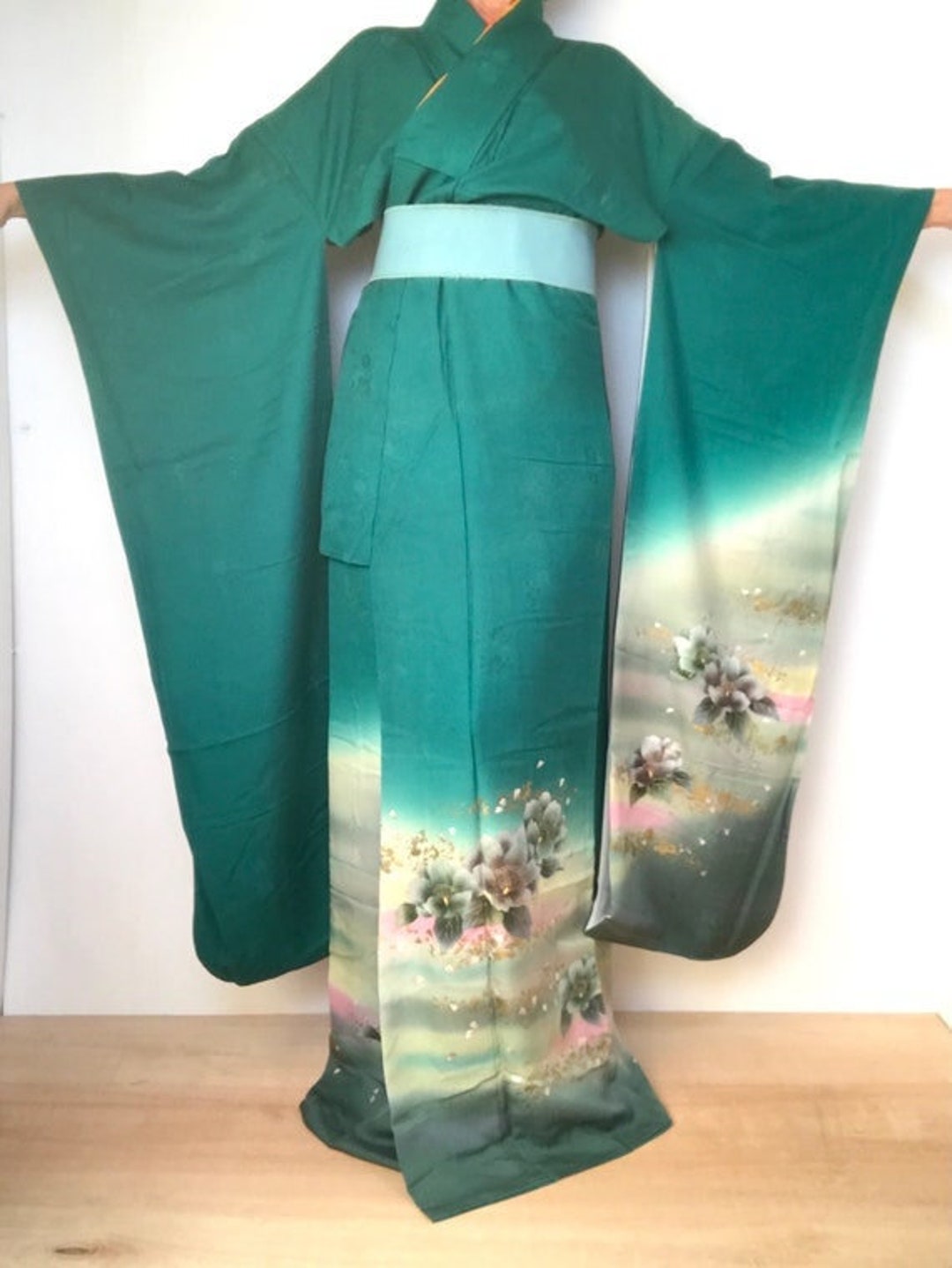 Teal Furisode Kimono XL Japanese Wedding Robe Camellia - Etsy