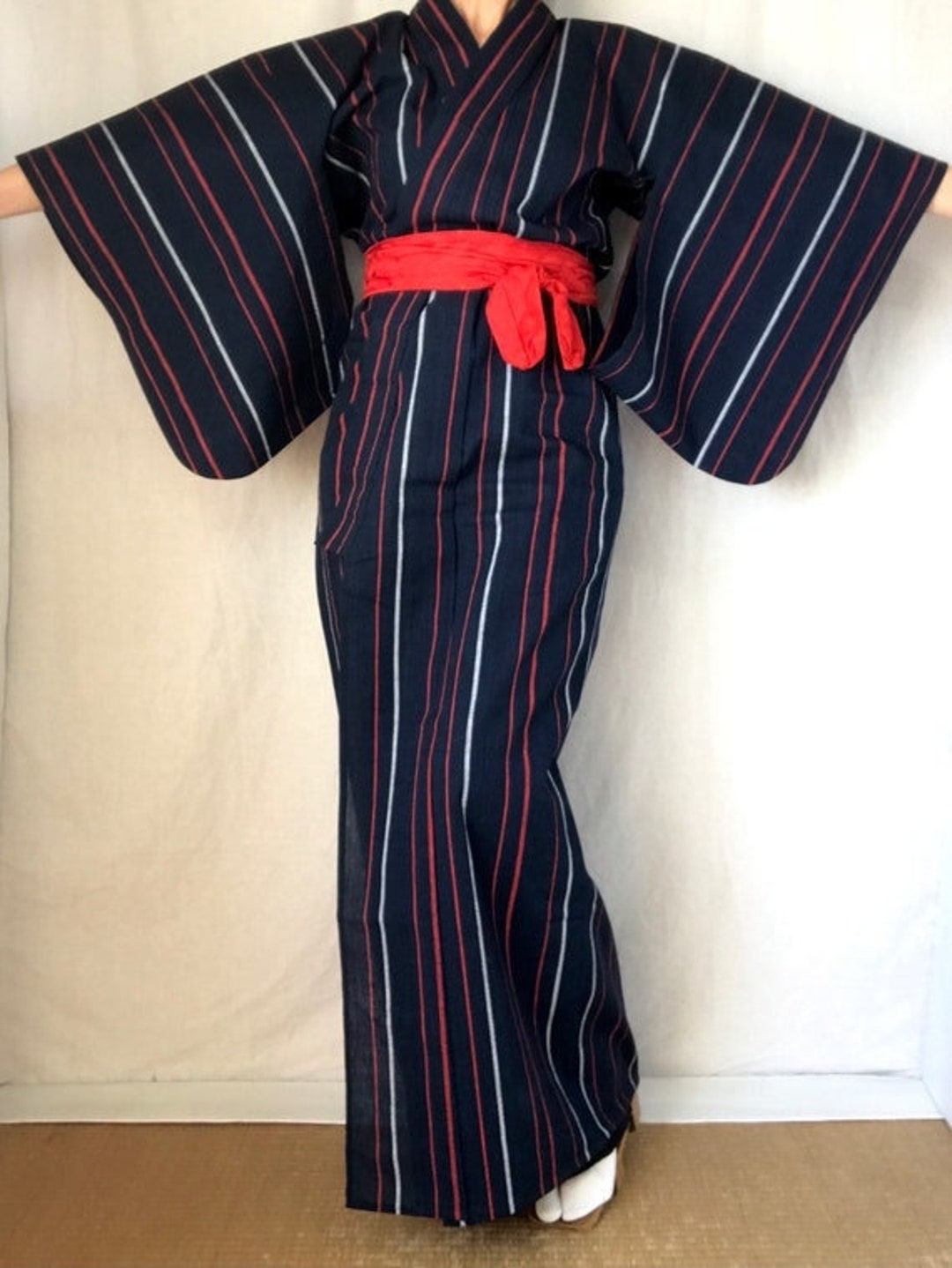 Yukata Kimono Cotton Japanese Dressing Gown Blue Striped Summer Long