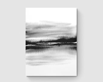 May include: Abstract black and white watercolor painting with horizontal brushstrokes. The painting features a dark gray band in the middle, with lighter gray bands above and below.