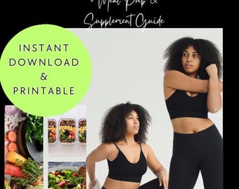 May include: A digital download guide for nutrition, meal prep, and supplements. The guide is available for instant download and is printable. The image also shows two women wearing black workout clothes.