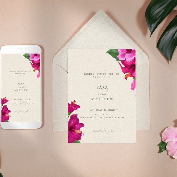 Hibiscus Wedding Invitation, Floral Wedding Invite, Clean and Simple Wedding Invitations, Tropical Wedding Invitations, Beach Wedding