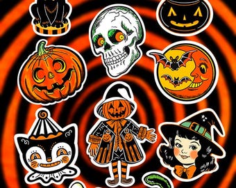 Vintage Halloween Waterproof Stickers – 50s Spooky Pack of 11