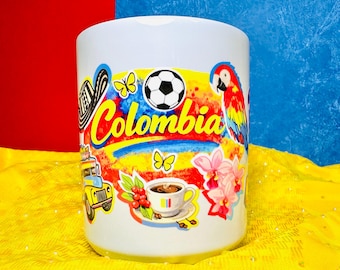 Colombia Coffee Mug - Vibrant Colombian Souvenir Mug with Chiva & Flag, Latino Culture Gift, Colorful Ceramic Cup, 12oz, UV DTF design