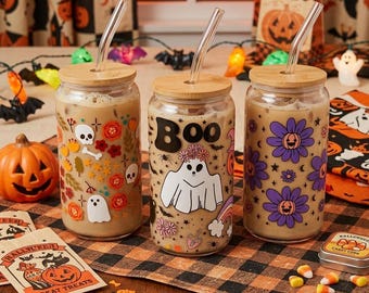 Halloween Libbey Glass Cup with Bamboo Lid & Glass Straw