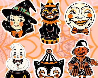 Retro Halloween Stickers| 6 BIG Stickers Pack| Waterproof holographic laminated
