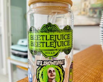 Beetlejuice Glass Cup with Bamboo Lid & Rhinestone Straw | 16oz Libbey Glass