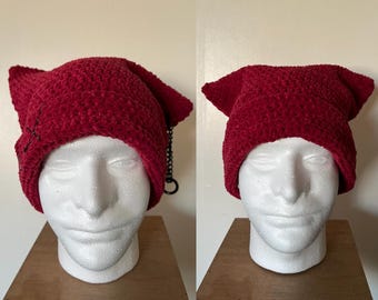 Hand-Made Cat Ear Beanie (with accessory options) - Red