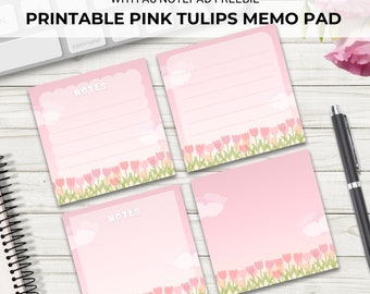 Printable Pink Tulips Memo Pad, Cute Printable Memo Pad, Cute Notepad, Cute Pink Sticky Notes, To-Do List Memo Sheets, Instant Download