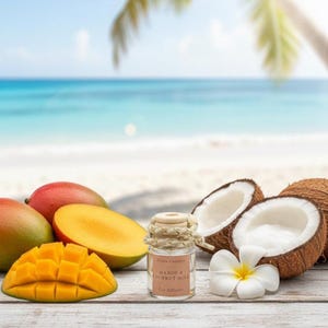 Puede incluir: Un pequeño frasco difusor para coche de vidrio transparente con tapón de madera y etiqueta "Mango & Coconut Milk". El frasco está rodeado de mangos frescos, mango en rodajas, cocos y una flor blanca sobre una superficie de madera.