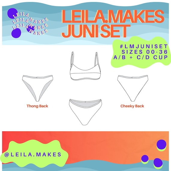 Juni Set PDF Pattern, Sizes 00-36, A/B-& C/D-cup ranges, Intermediate Sewing Level, Adjustable Straps, Mid/High Rise, Thong/Cheeky