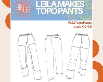 Topo Pants PDF Patrón neutro de género, tallas 00-36, nivel de costura para principiantes seguros, ajuste relajado, pierna recta, pantalones para escalar, pantalones de trabajo