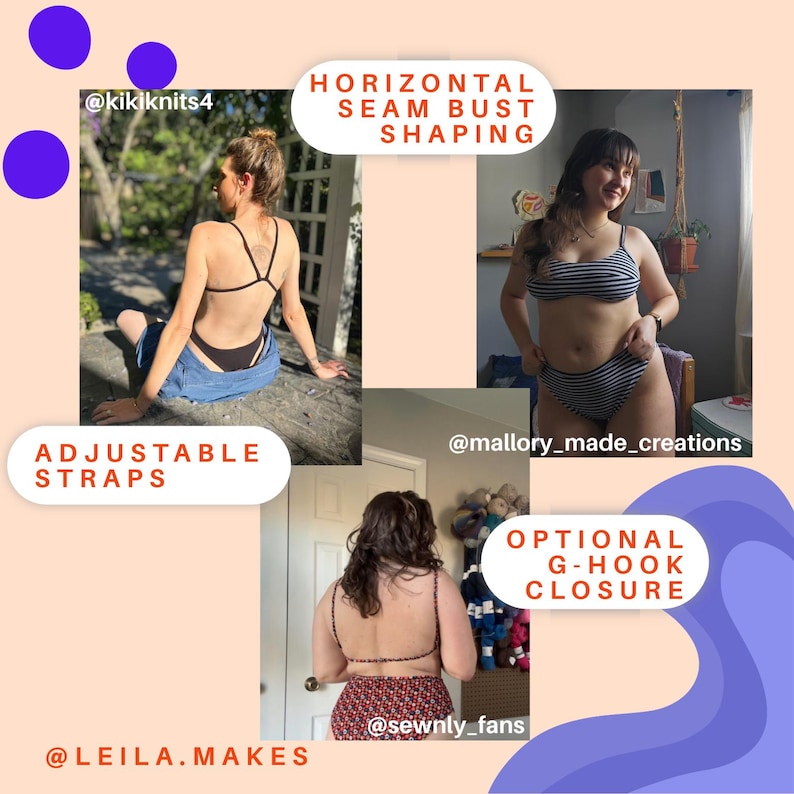 May include: Image showcasing handmade swimwear with features like adjustable straps, horizontal seam bust shaping, and optional G-hook closure. The image includes text with social media handles and product details.