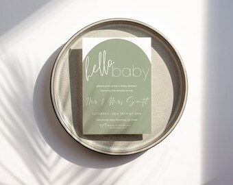 Oh baby shower uitnodiging | Salie groene baby shower uitnodiging | Geslachtsneutraal | Bewerkbare sjabloon | Directe download