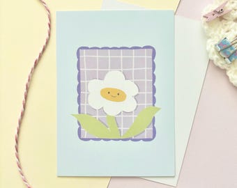 Happy Flower Art Print | A6 Art Print 350gsm Matte | Cute Retro Daisy Card | Aesthetic Room Decor | Cute Wall Art