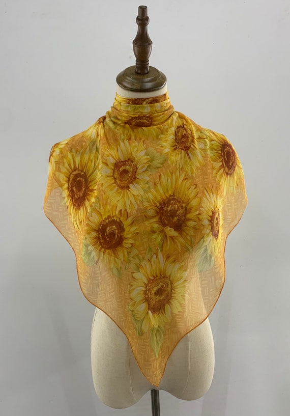 Vintage Sunflower Silk Scarf, Vintage Yellow Scarf