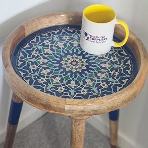 Blue Resin Mandala Mango Wood Side Table: Boho Accent Decor