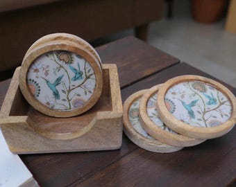 Handcrafted Coasters with Holder, Resin and Mango Wood, Humming Birds Mothers Day Gift