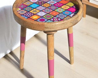 Handcrafted Mangowood Side Table: Mosaic Resin Inlay