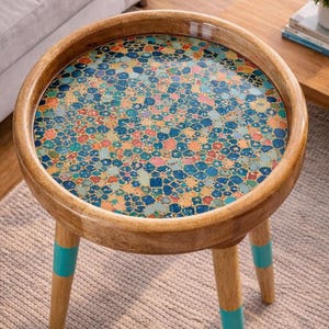 Mesita auxiliar artesanal de madera de mango: Mosaico marroquí de resina verde, regalo de Pascua.