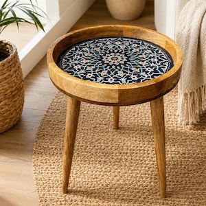 Handcrafted Mango Wood Side Tables: Living Room Furniture Blue Mandala