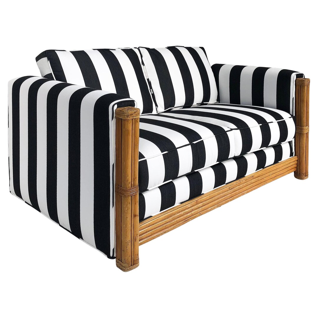 Rattan Loveseat Newly Upholstered With Black & White Striped Etsy