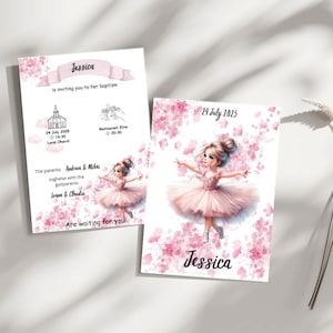 Convite de Batismo para Bailarina | Convite Floral Rosa Frente e Verso | Imprimível e Digital | Cartão de Batismo Editável 2025