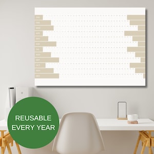 Calendario de pared anual gigante reutilizable (año completo horizontal, calendario de oficina imprimible, tamaño A1/A0)