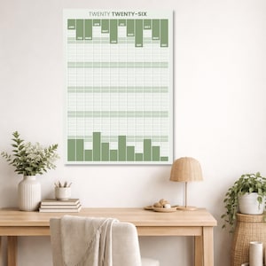May include: A large wall calendar for the year Twenty Twenty-Six, in light green and white. The calendar displays the months across the top and has a bar graph at the bottom. The text "TWENTY TWENTY-SIX" is at the top. The calendar is in a room.
