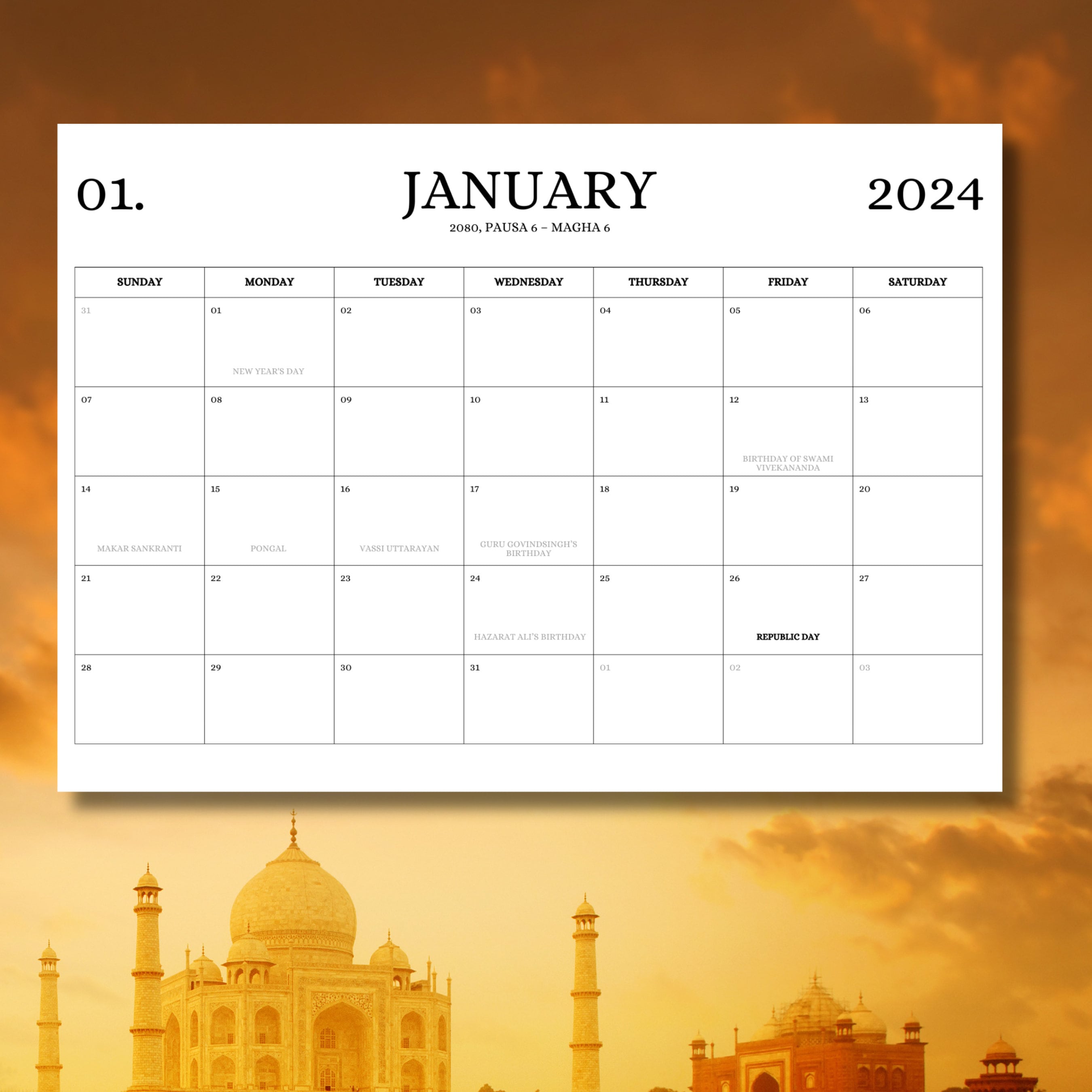 2024 Indian National Calendar sanskrit Months, Public Holidays