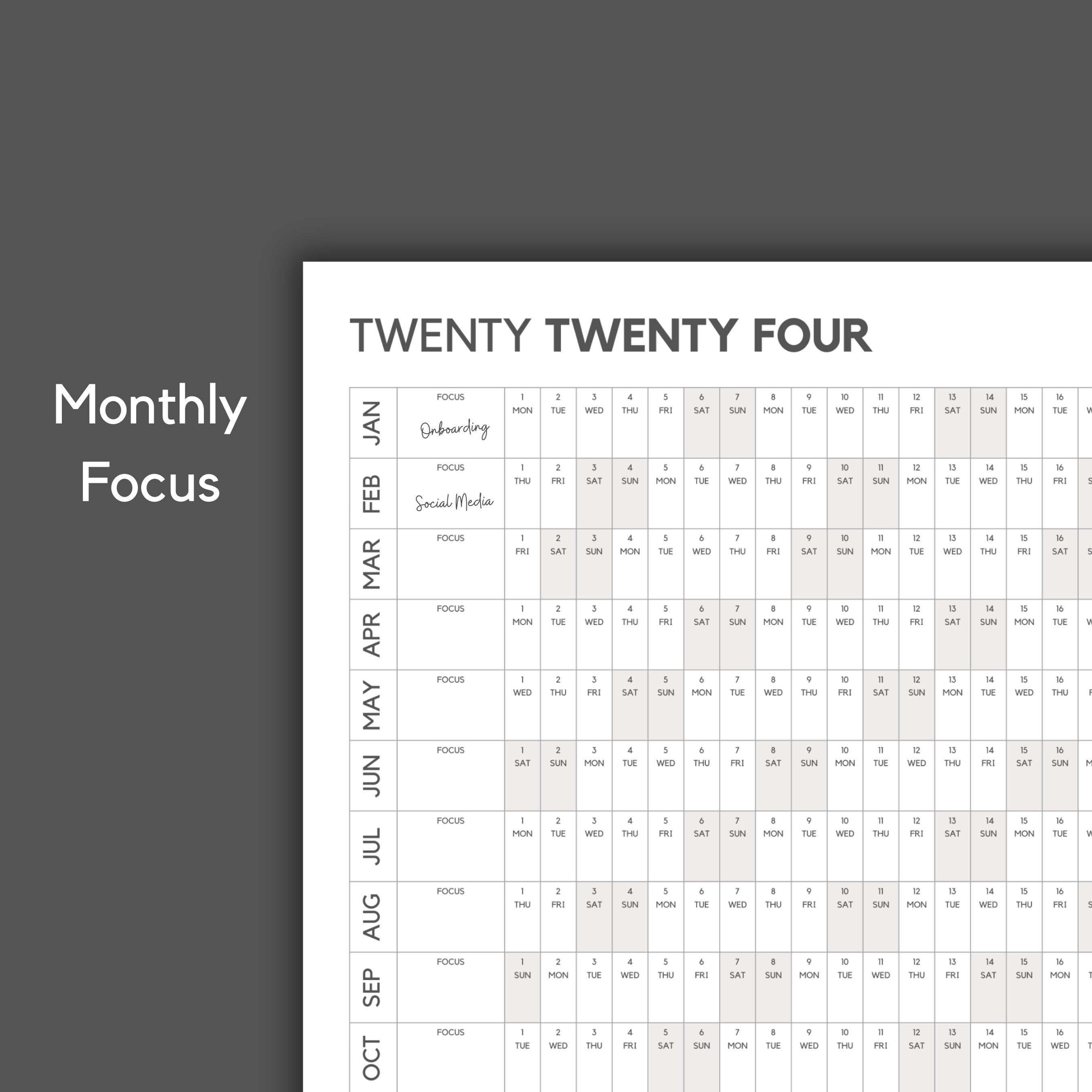 2024 annual work calendar extra large monochrome wall planner