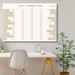 Calendario de pared gigante anual 2026 (descarga de una página, planificador imprimible para el hogar, tema neutral minimalista)