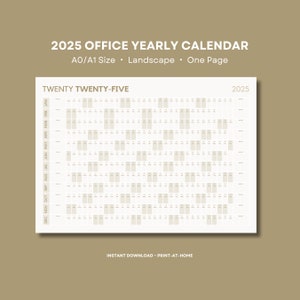 May include: A printable 2025 yearly calendar in black and white. The calendar is designed for office use and is formatted in landscape orientation. The calendar is one page and includes all 12 months of the year. The text "TWENTY TWENTY-FIVE" and "2025" are at the top of the calendar.