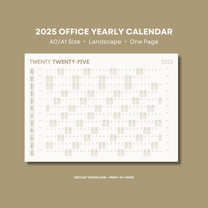 May include: A printable 2025 yearly calendar in black and white. The calendar is designed for office use and is formatted in landscape orientation. The calendar is one page and includes all 12 months of the year. The text "TWENTY TWENTY-FIVE" and "2025" are at the top of the calendar.