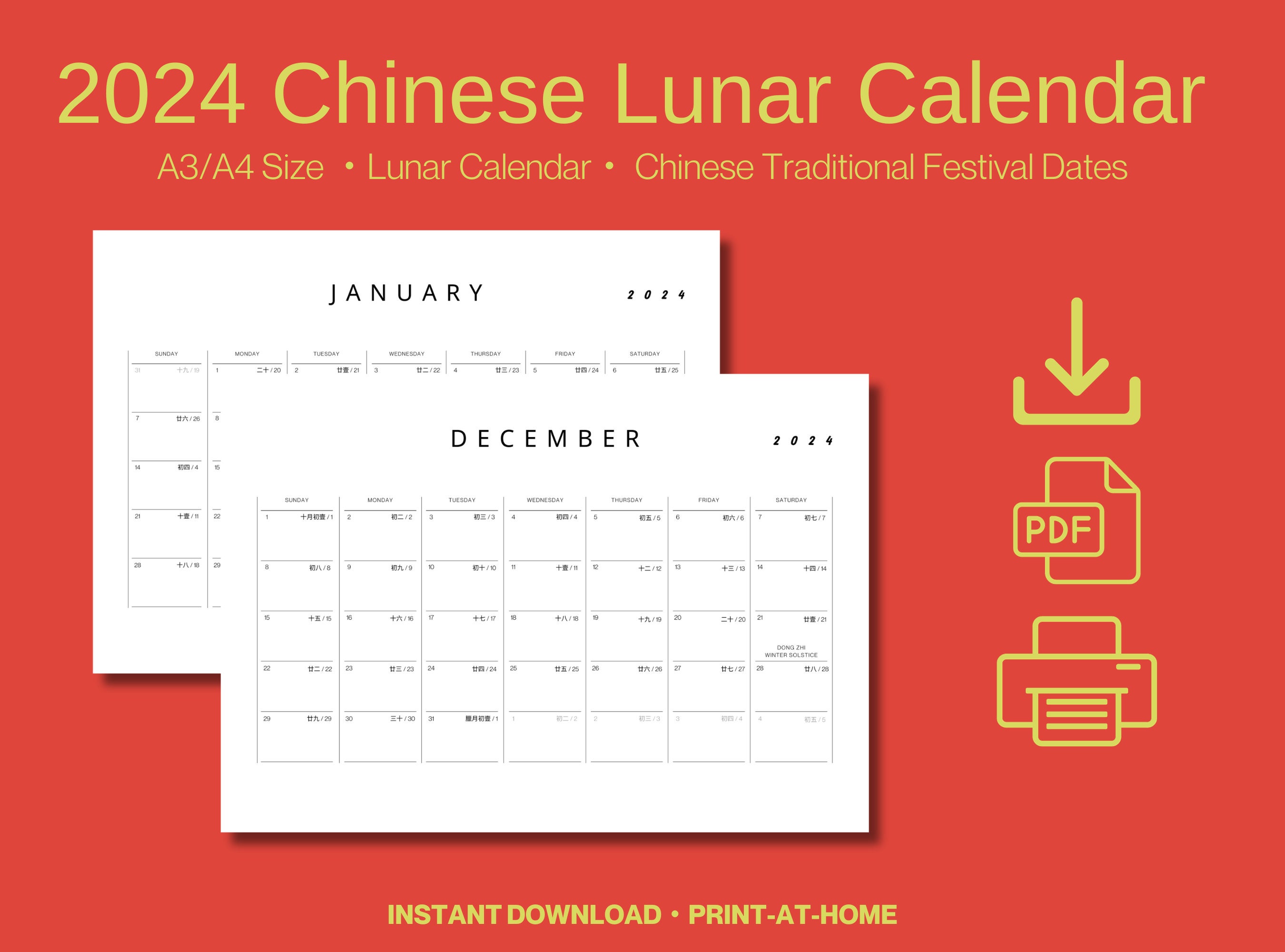 2024 Chinese Lunar Calendar chinese Dates, Mandarin, A3/A4 Landscape
