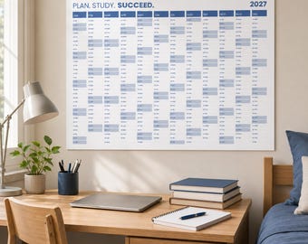 2027 Student Academic Calendar, Vertical Blue One-Page Wall Planner Printable, University Study and Exam Planner