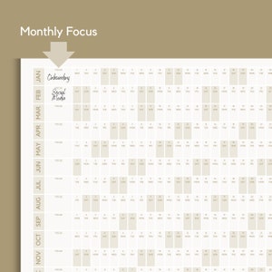 May include: A monthly calendar planner with a white background and black text. The calendar is divided into months, with each month having a focus area. The focus areas include "Onboarding" and "Social Media".