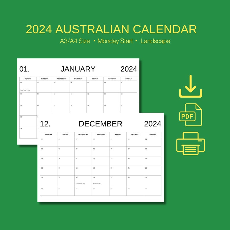 2024 Australian Calendar for Each State, Including National & State