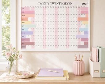 Calendrier familial 2027 à imprimer, style pastel, avec vue d'ensemble de l'année, et programme annuel coloré.