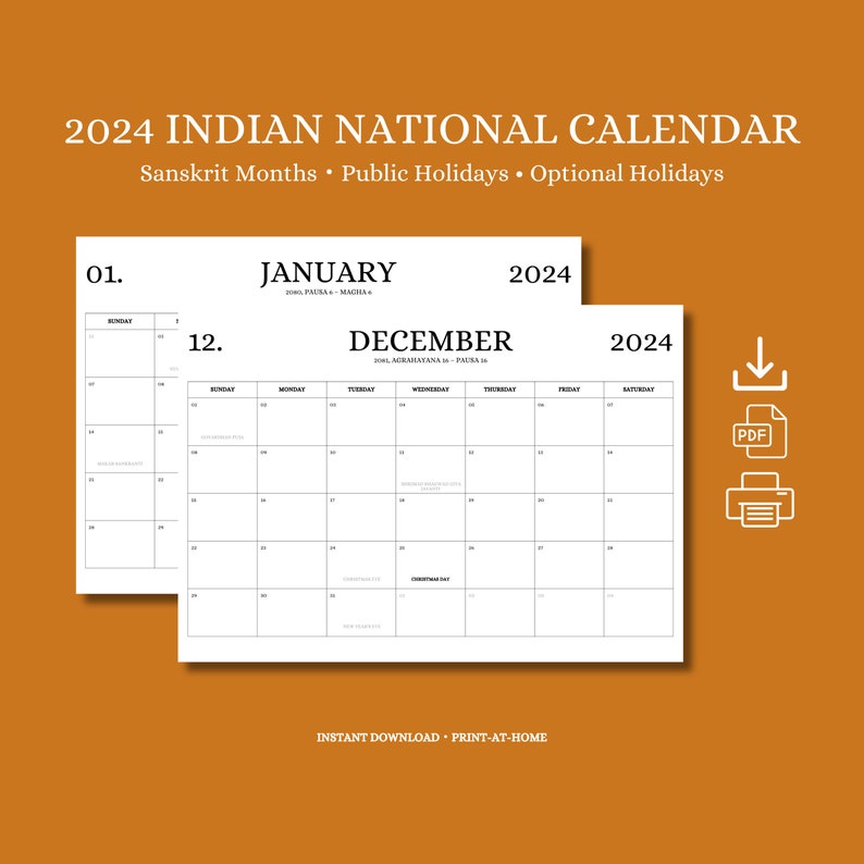 2024 Indian National Calendar sanskrit Months, Public Holidays
