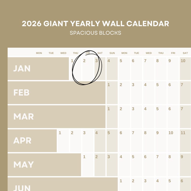 2026 Giant Yearly Wall Calendar (one Page Download, Printable Home ...