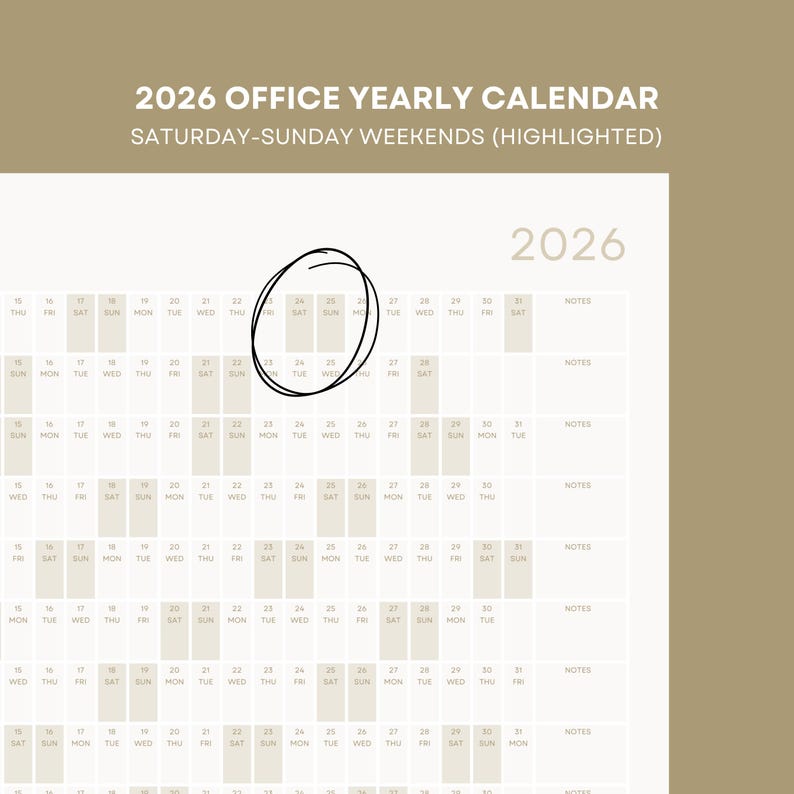 May include: A black and white calendar for the year 2026 with the text "2026 OFFICE YEARLY CALENDAR" and "SATURDAY-SUNDAY WEEKENDS (HIGHLIGHTED)" at the top. The calendar is divided into months and days, with each day having a small box for writing notes. A circle is drawn around the month of March.