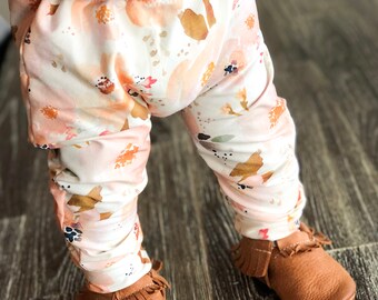 Handmade Floral Leggings For Baby Girl, Toddler Leggings, Birthday Outfit, Muted Floral Clothes, Organic, Newborn Baby Outfit