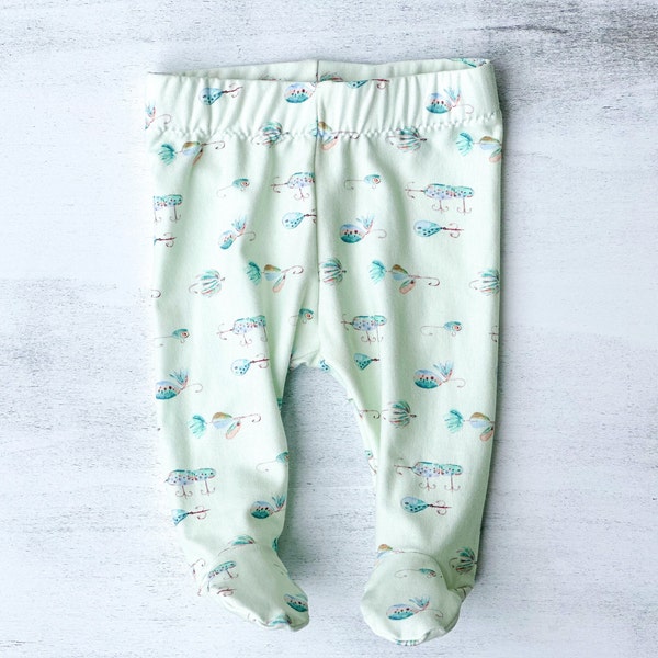 Handmade organic fishing lure baby footed leggings, hospital outfit, going home outfit, newborn infant toddler kid pants, gender neutral