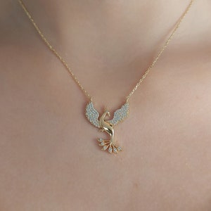 Phoenix Necklace with White Zircon - 925 Silver Phoenix Pendant Necklace - 14K Real Gold  Phoenix Necklace with Gemstone - Animal Necklace