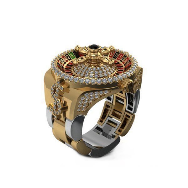 Spinning 3D Roulette Whell Sterling Silver Ring with Dollar Sign Raw Stoned, Casino Themed Perfect Gift for High Level Luxury Gambler