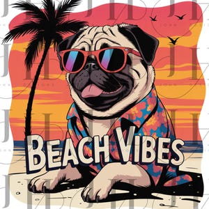 Retro Mops Beach Vibes PNG: Sommer Sonnenuntergang (Digitaler Download)