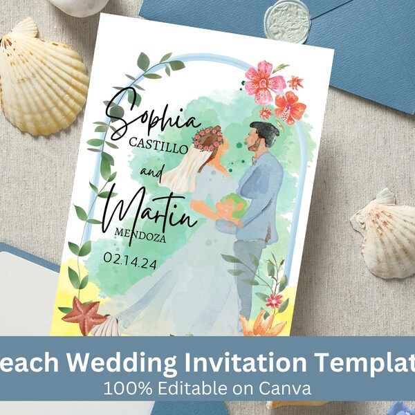 Beach Wedding Invitation Template, Fully Editable, Tropical Wedding, RSVP Template, Elegant Blue Wedding, Watercolor Print, Table Number