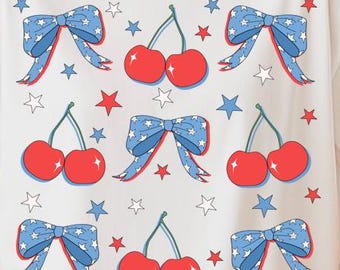 Cherries and Bow Fourth of July PNG, Cherry and Bow png,Trendy png, Retro 4th of July T Shirt Sublimation Design, Blue and Red png,