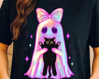 Iridescent Neon Ghost & Black Cat PNG | Coquette Halloween Shirt Sublimation | Cute Girly Spooky Season Digital File